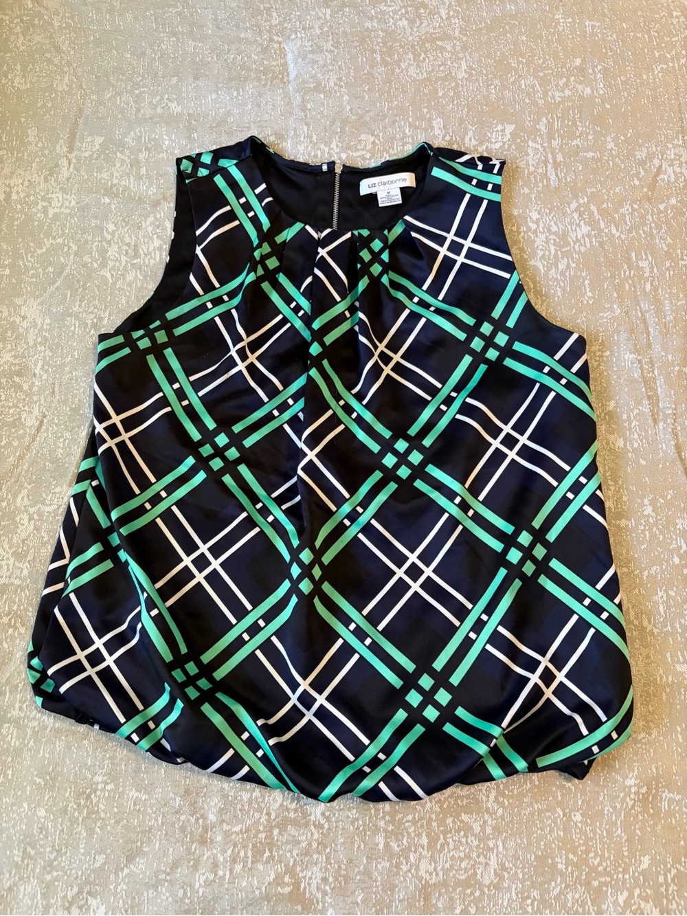 Navy blouse with green & white basket weave print